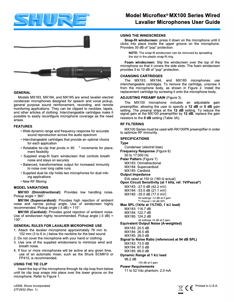 Page 1 de la notice Manuel utilisateur Shure MX185