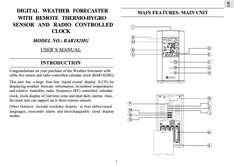 Image de la première page du manuel de l'appareil BAR 182HG