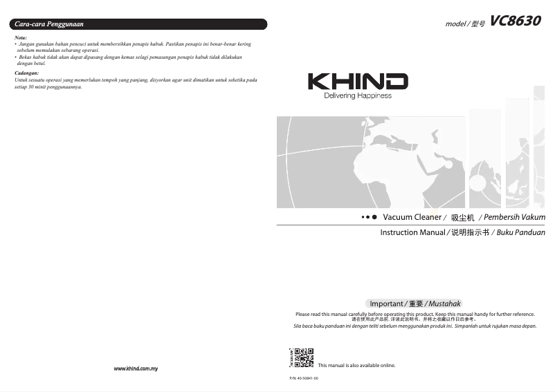 Page 1 de la notice Manuel utilisateur Khind VC8630