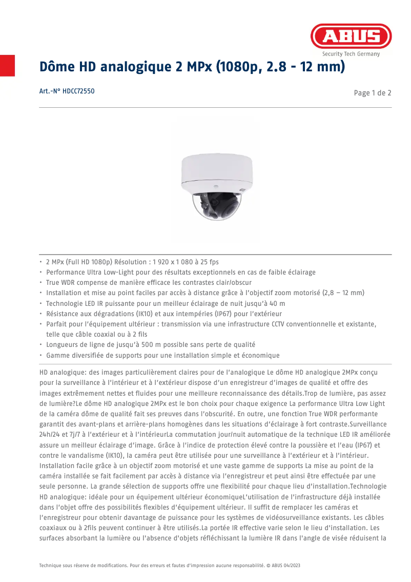 Page n°1 - Fiche technique Abus HDCC72550