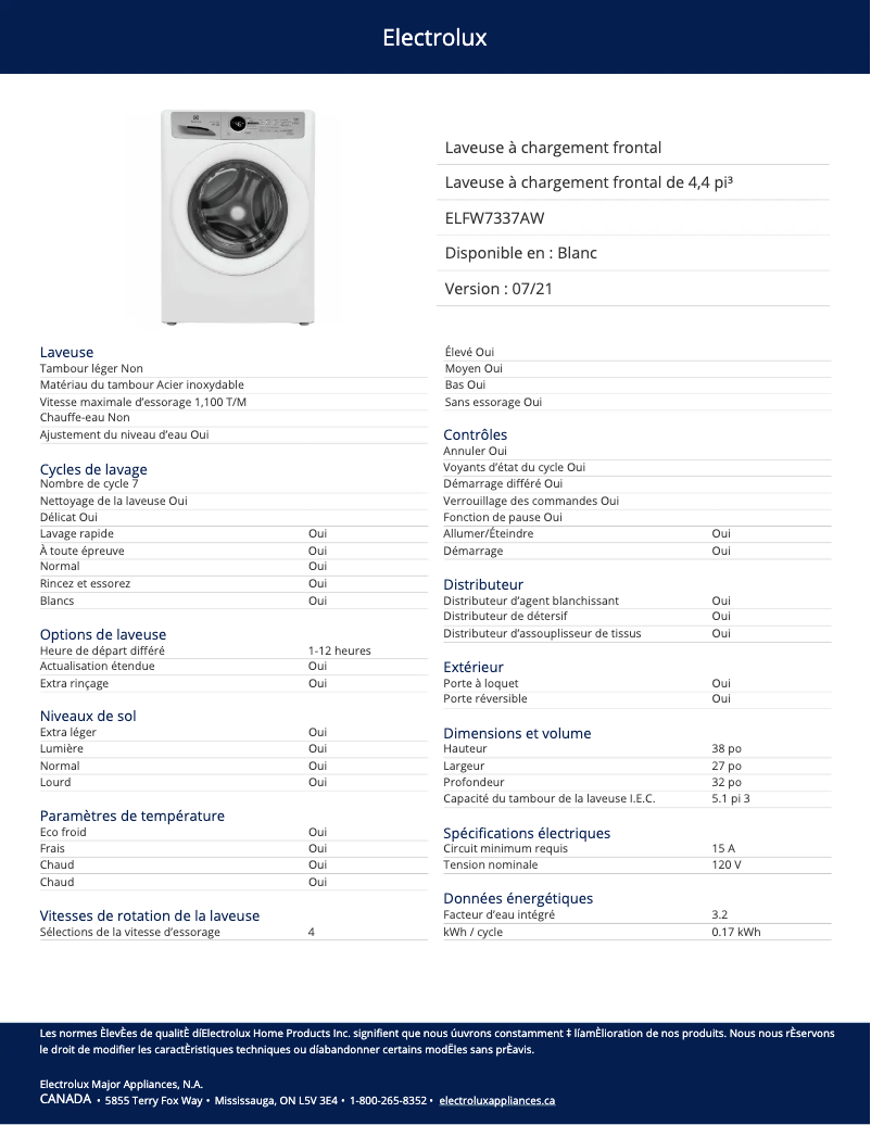 Page 1 de la notice Fiche technique Electrolux ELFW7337AW