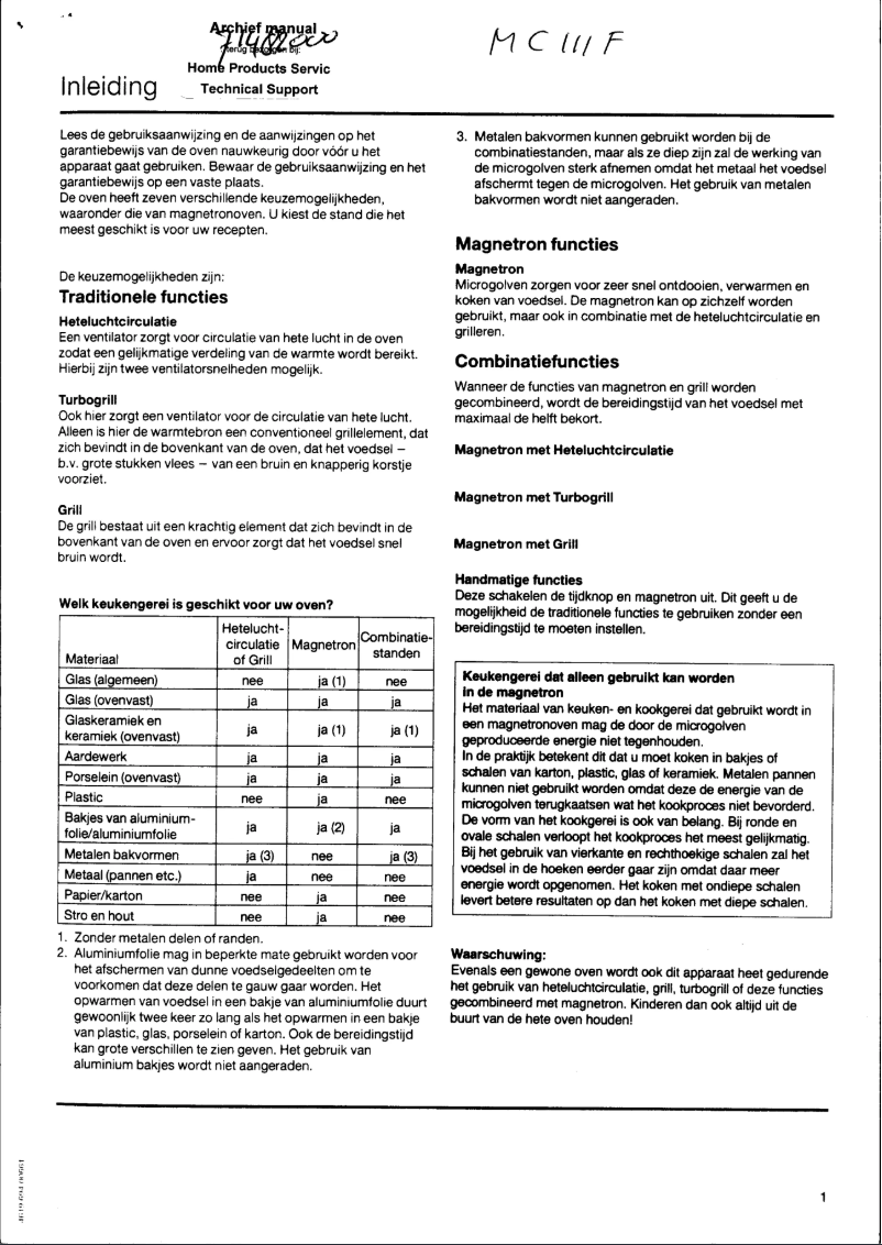 Page 1 de la notice Manuel utilisateur Atag MC111F