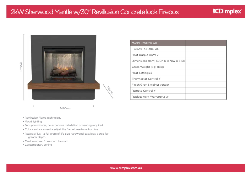 Page 1 de la notice Fiche technique Dimplex Sherwood Revillusion SWD20-AU