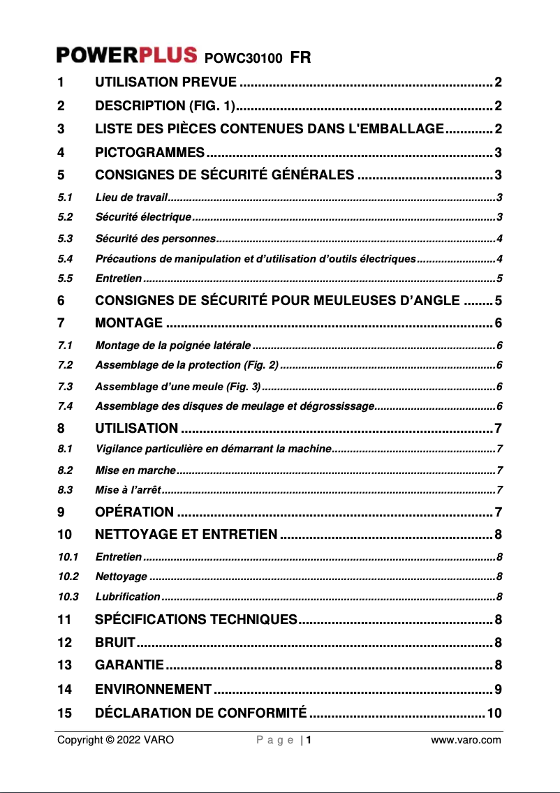 Page n°1 - Manuel utilisateur PowerPlus POWC30100