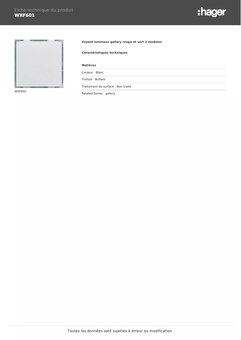 Page n°1 - Fiche technique Hager WXF601