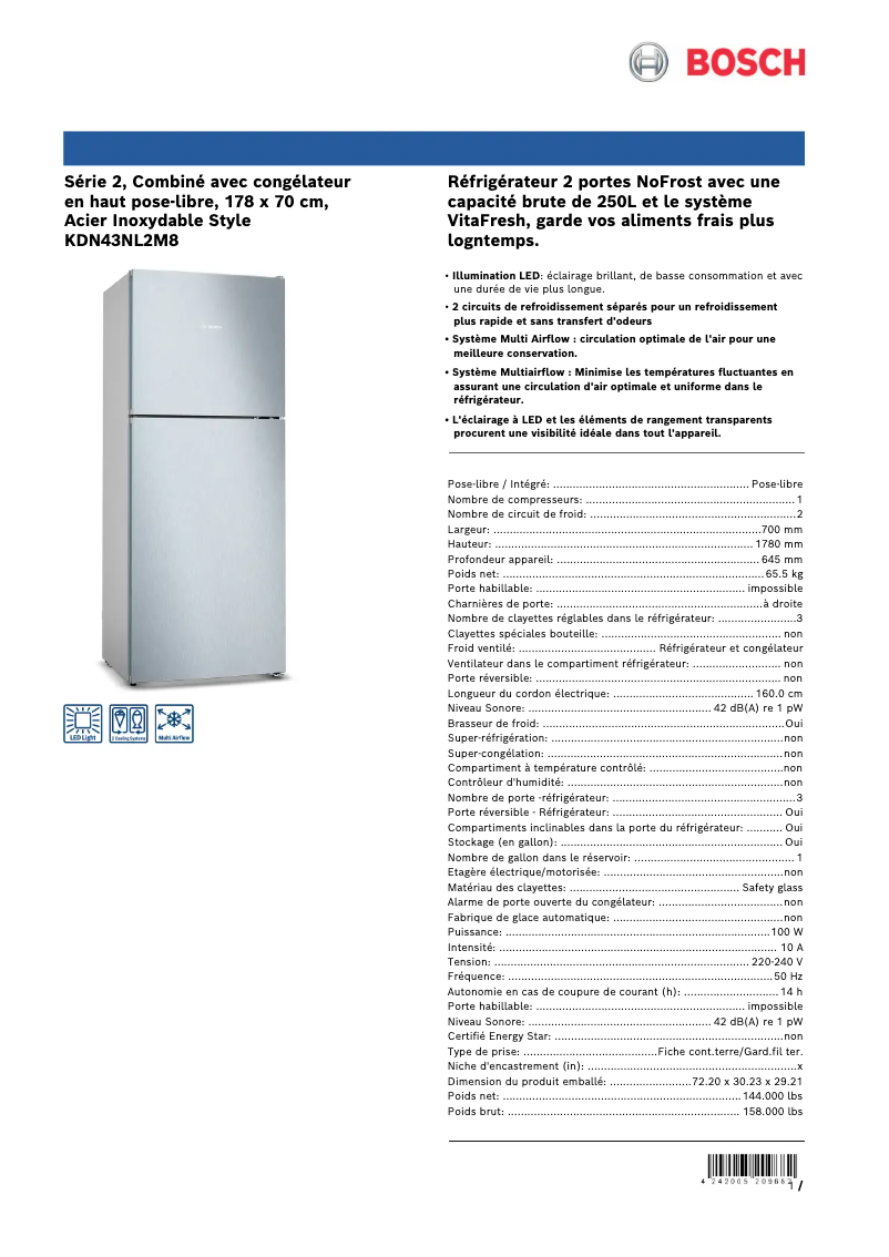 Página 1 del manual Ficha técnica Bosch KDN43NL2M8