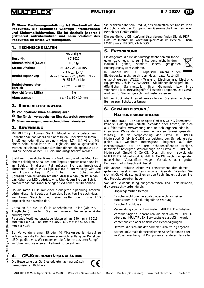 Page 1 de la notice Manuel utilisateur Multiplex MULTIlight