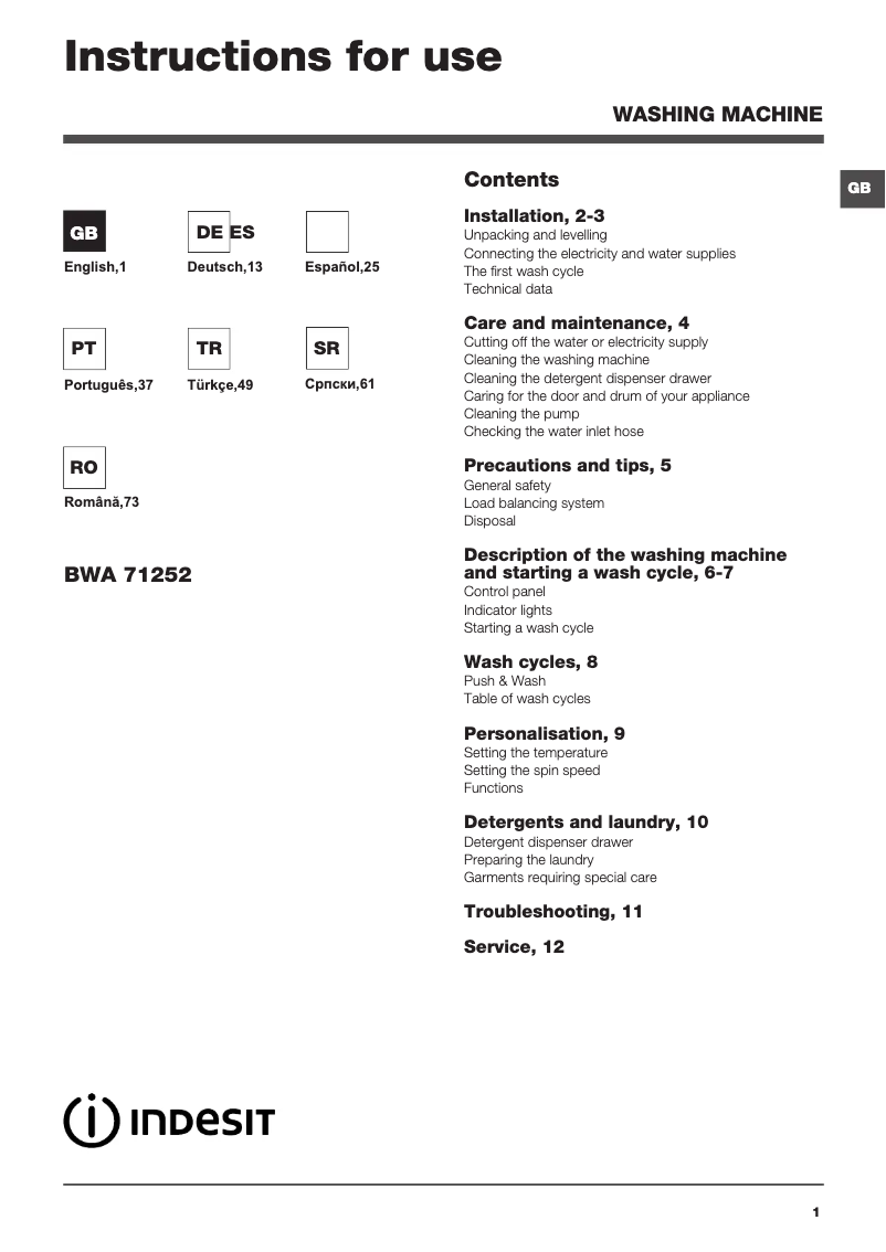 Imagen de la primera página del manual del dispositivo BWA 71252 W EU