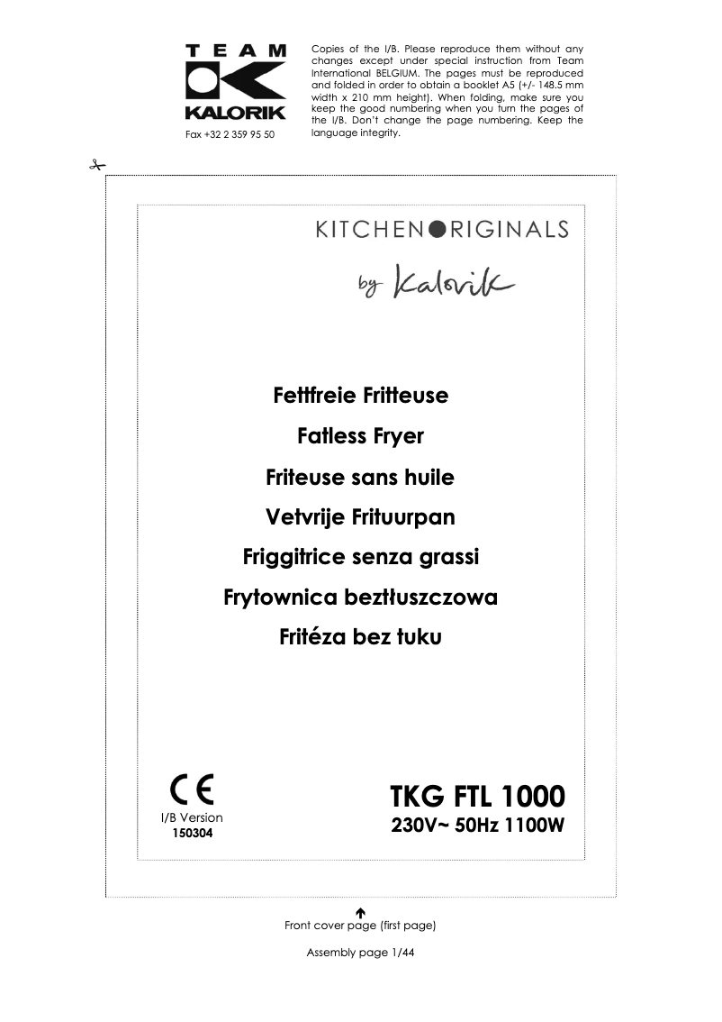 Page n°1 - Manuel utilisateur Kitchen Originals TKG FTL 1000
