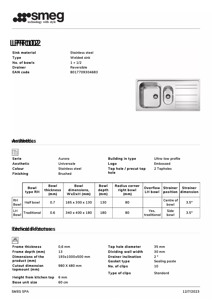 Page 1 de la notice Manuel utilisateur Smeg LPR102