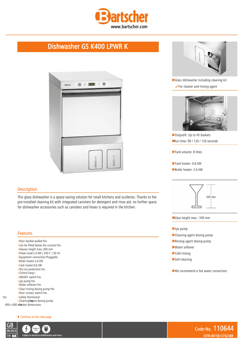 Page 1 de la notice Fiche technique Bartscher GS K400 LPWR K