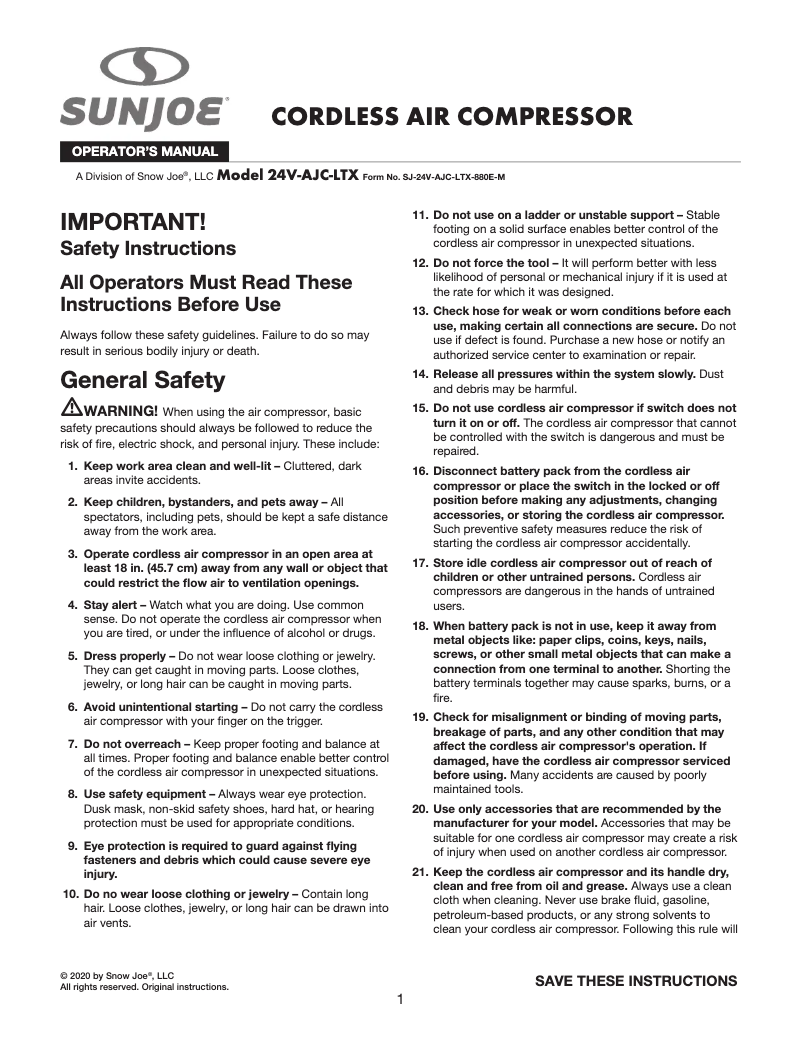 Page 1 de la notice Manuel utilisateur Sun Joe 24V-AJC-LTX-SJG