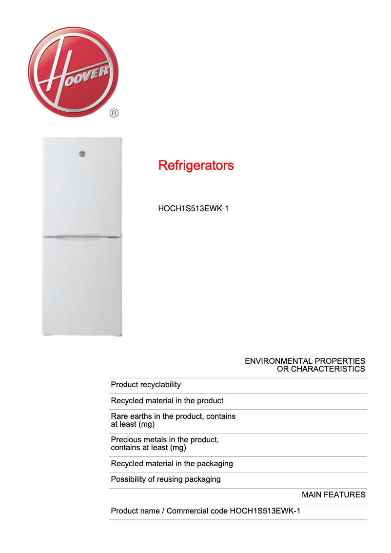 Page n°1 - Fiche technique Hoover HOCH1S513EWK