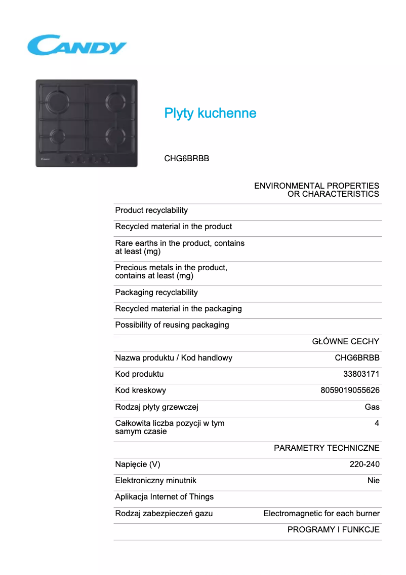 Page 1 de la notice Fiche technique Candy CHG6BRBB