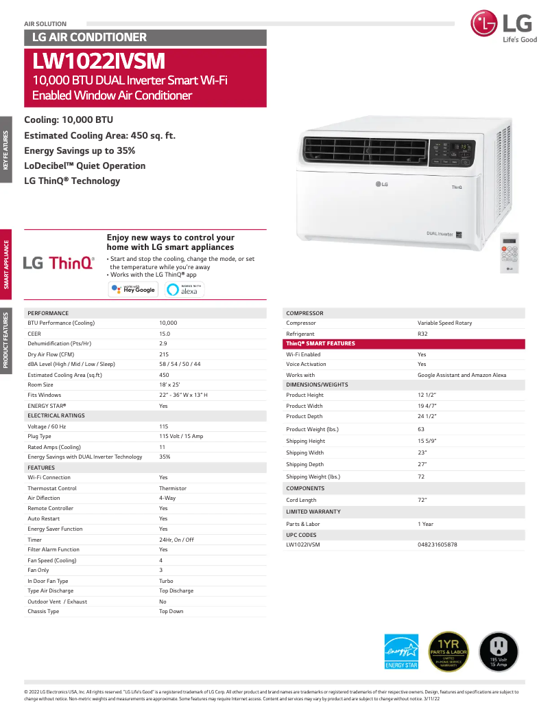 Page 1 de la notice Fiche technique LG LW1022IVSM