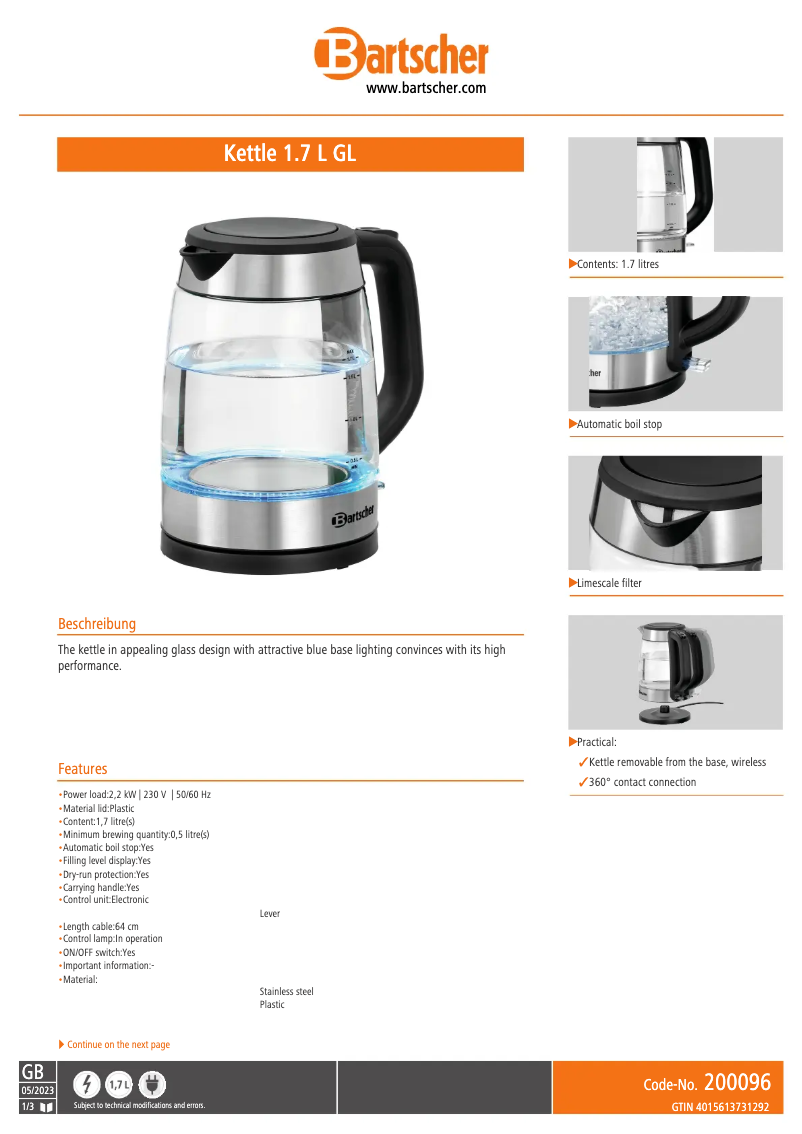 Page n°1 - Fiche technique Bartscher 200096