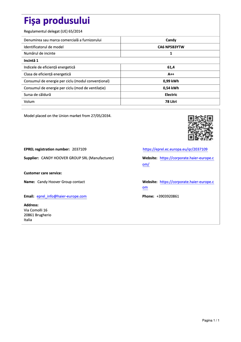 Page 1 de la notice Fiche technique Candy CA6 NP5B3YTW