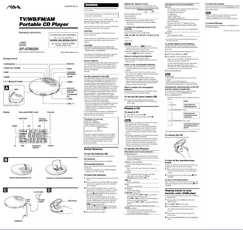 Page n°1 - Manuel utilisateur Aiwa XP-ER800N