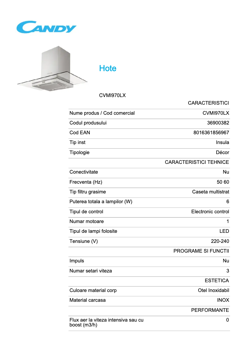 Page 1 de la notice Fiche technique Candy CVMI 970 LX