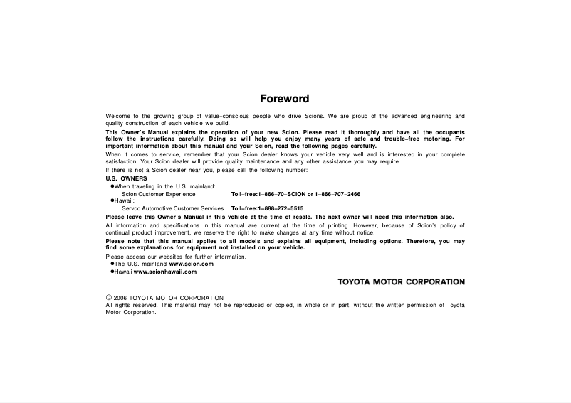 Page 1 de la notice Manuel utilisateur Scion xA (2006)