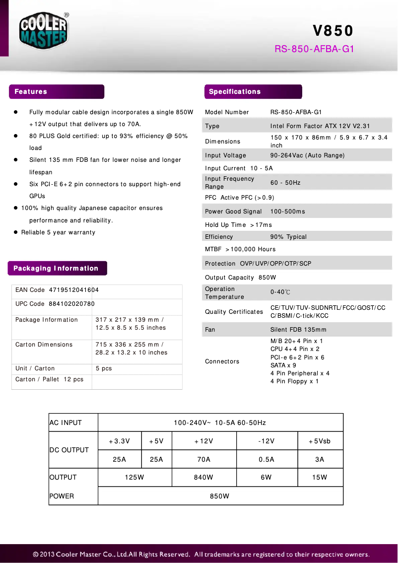 Page 1 de la notice Fiche technique Cooler Master V850