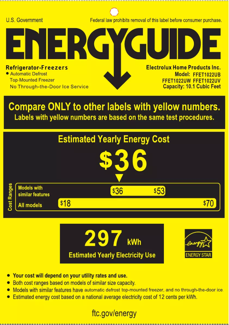 Page n°1 - Label énergétique Frigidaire FFET1022UV
