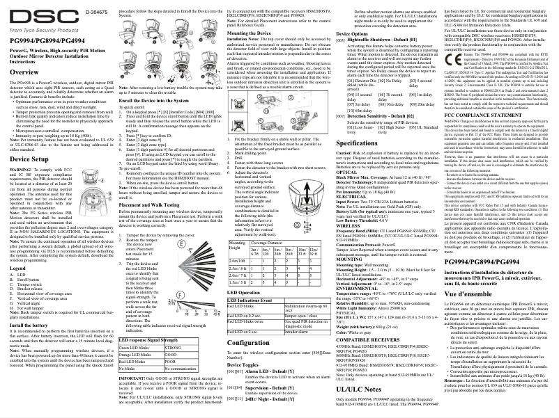 Page 1 de la notice Manuel utilisateur DSC PG9994