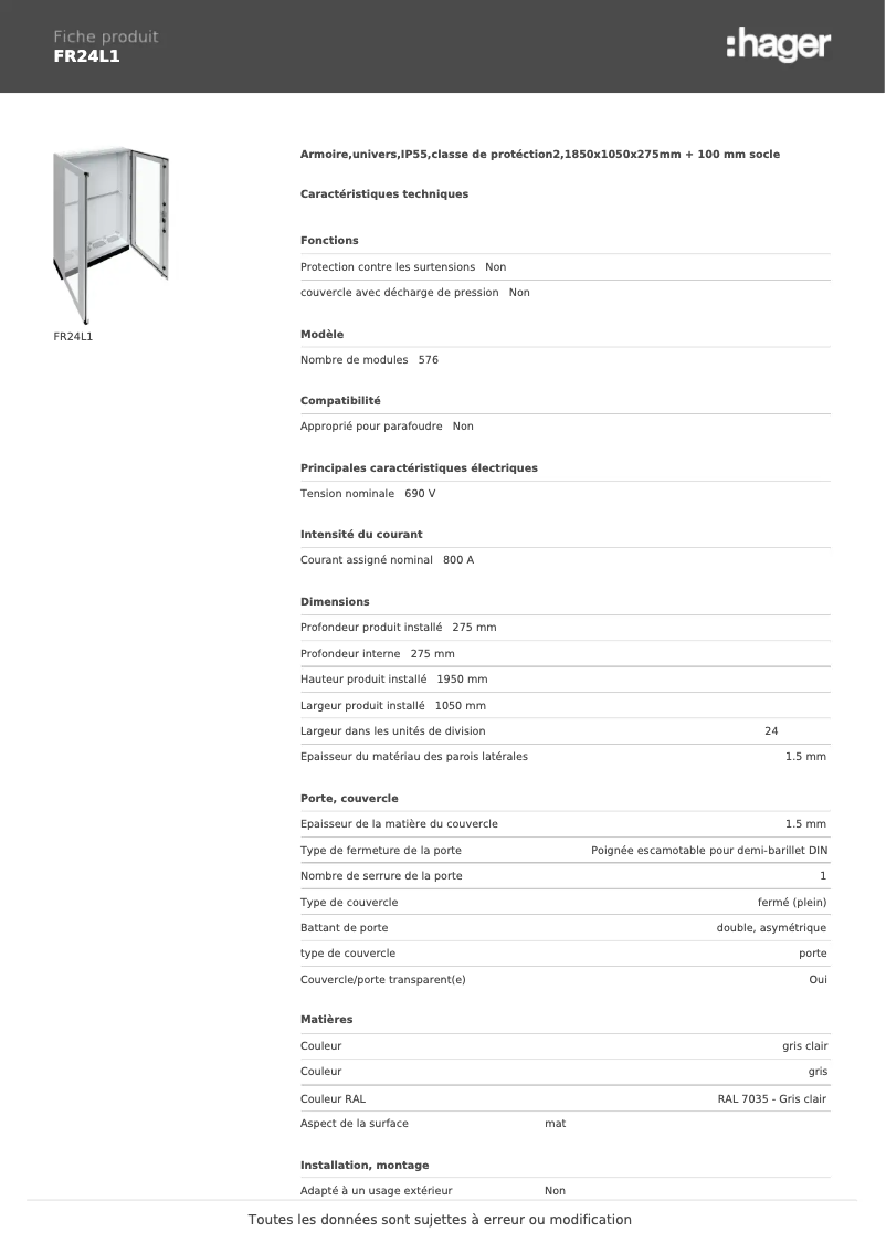 Page n°1 - Fiche technique Hager FR24L1