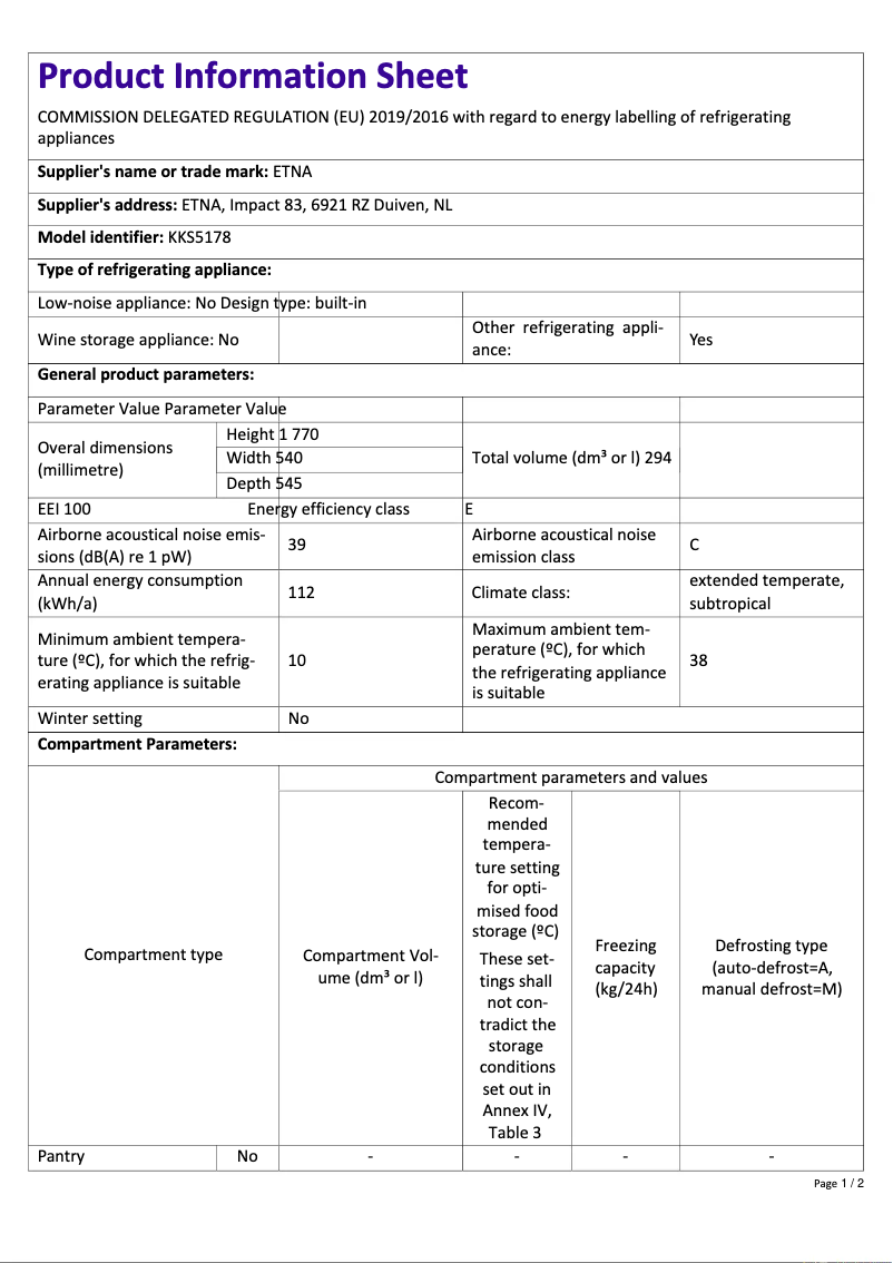 Page n°1 - Fiche technique Etna KKS5178