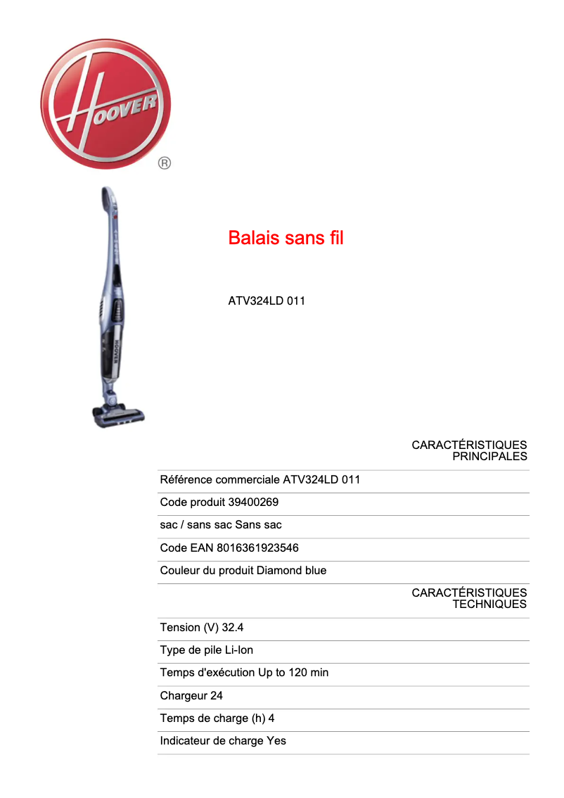 Page n°1 - Fiche technique Hoover ATV324LD 011