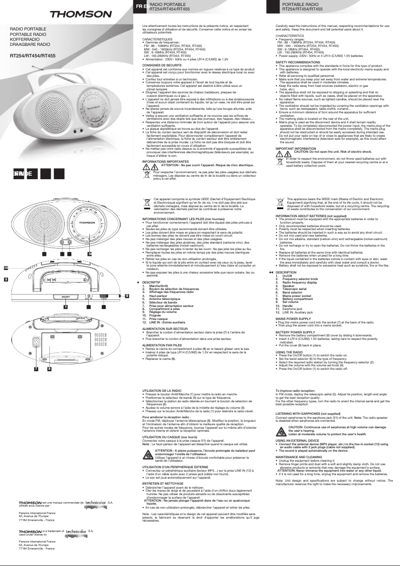 Page 1 de la notice Manuel utilisateur Thomson RT454