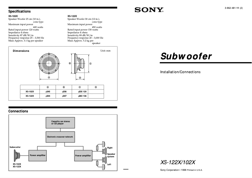 Page 1 de la notice Manuel utilisateur Sony XS-122X