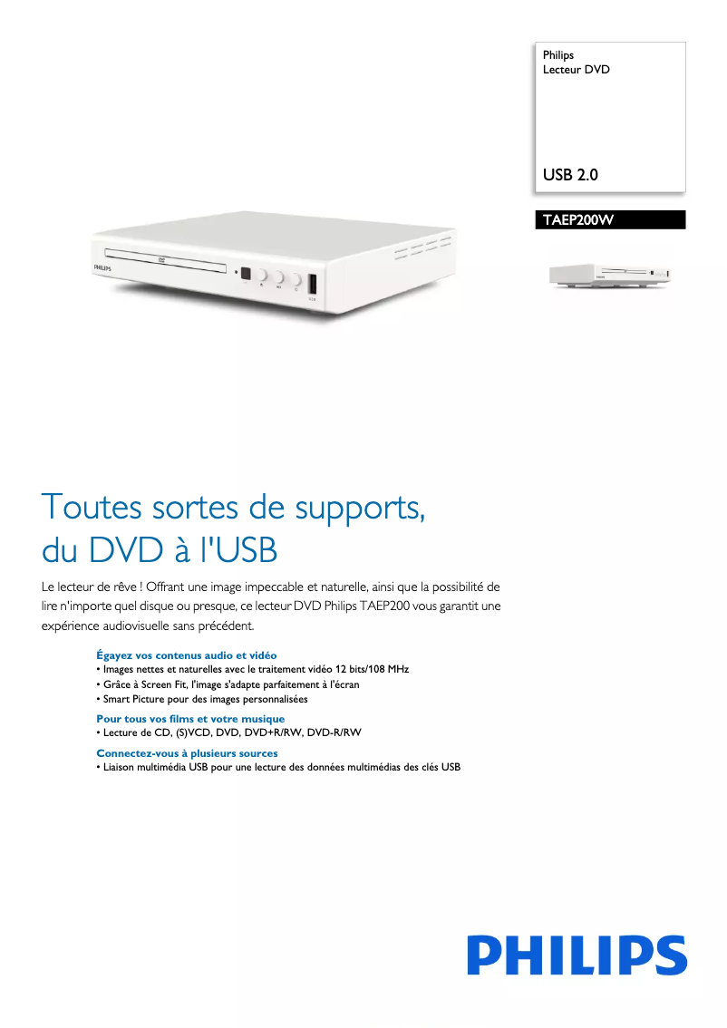 Page 1 de la notice Fiche technique Philips TAEP200W