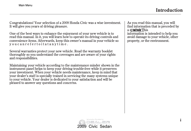 Page 1 de la notice Manuel utilisateur Toyota Civic Sedan (2009)