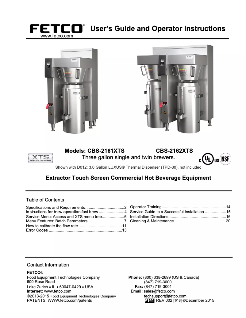 Page 1 de la notice Manuel utilisateur Fetco CBS-2161XTS