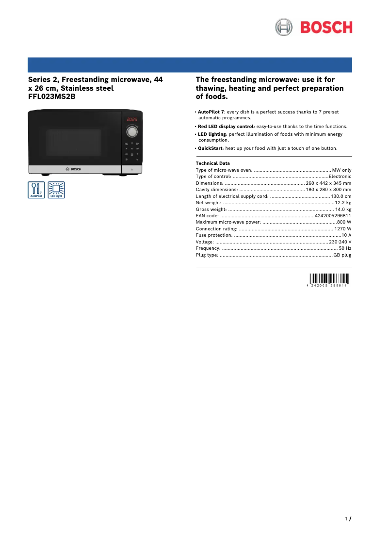 Page 1 de la notice Fiche technique Bosch FFL023MS2B