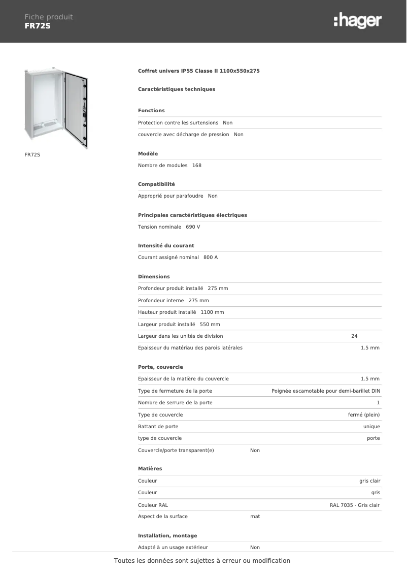 Page n°1 - Fiche technique Hager FR72S