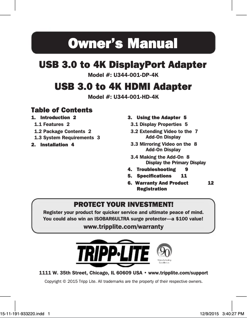 Page n°1 - Manuel utilisateur Tripp Lite U344-001-HD-4K