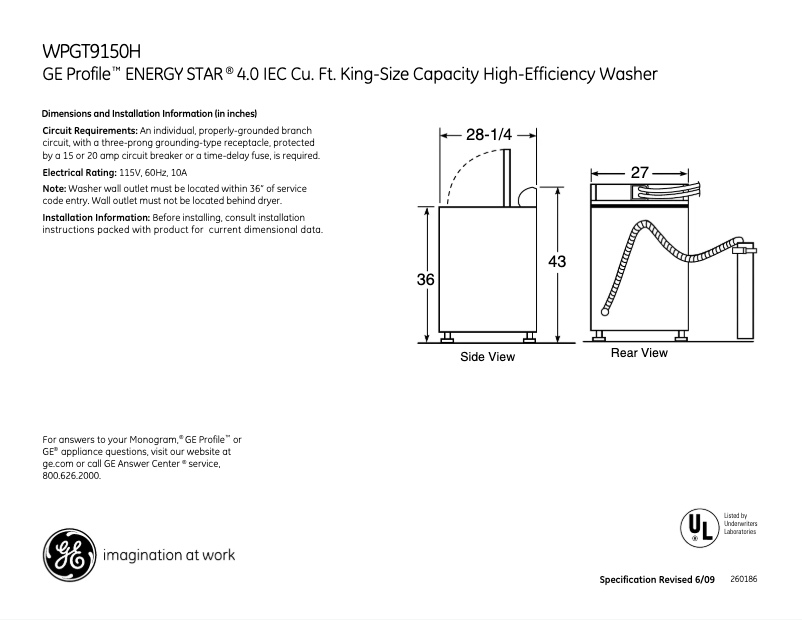 Page 1 de la notice Fiche technique GE WPGT9150HMG