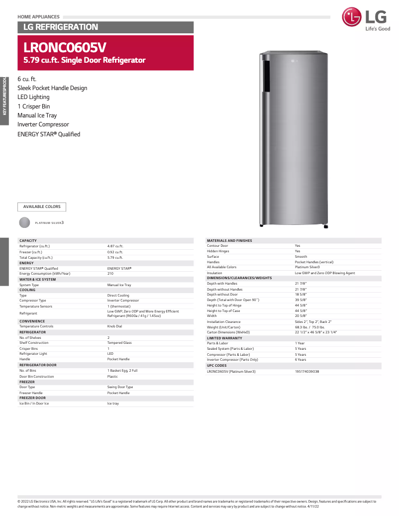 Page n°1 - Fiche technique LG LRONC0605V