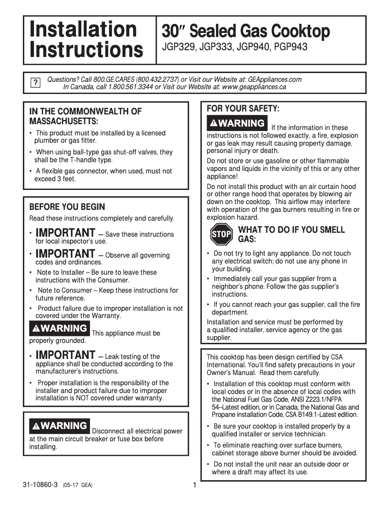 Page n°1 - Guide d'installation GE JGP329DETWW