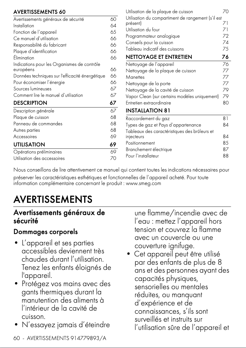 Page n°1 - Fiche technique Smeg CPF9GMOG1
