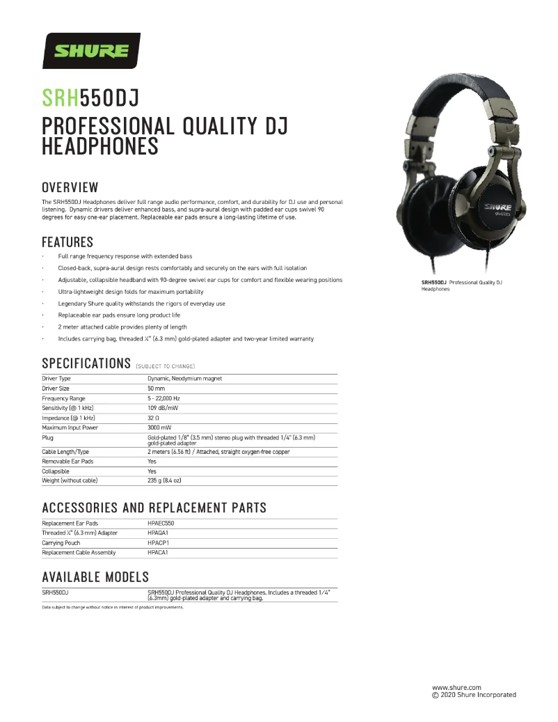 Página 1 del manual Ficha técnica Shure SRH550DJ