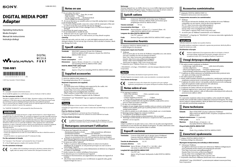 Page 1 de la notice Manuel utilisateur Sony TDM-NW1