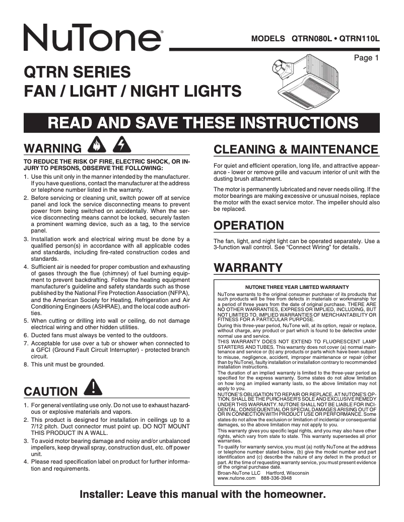 Page 1 de la notice Manuel utilisateur NuTone QTRN080L