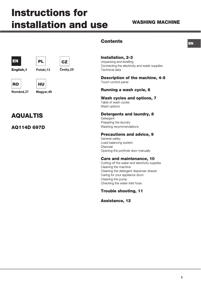 Page n°1 - Manuel utilisateur Hotpoint Ariston AQ114D 697D EU/B