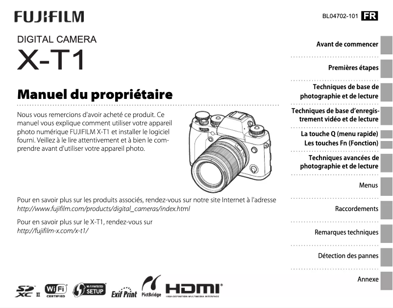 Image de la première page du manuel de l'appareil X-T1