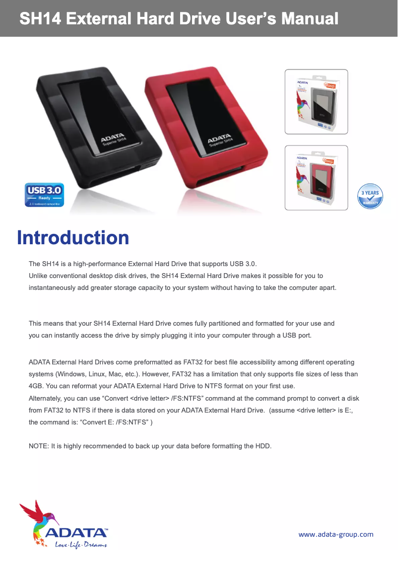 Page 1 de la notice Manuel utilisateur ADATA SH14BK/1TB