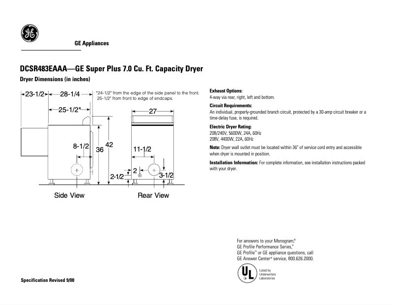 Page 1 de la notice Fiche technique GE DCSR483EAAA