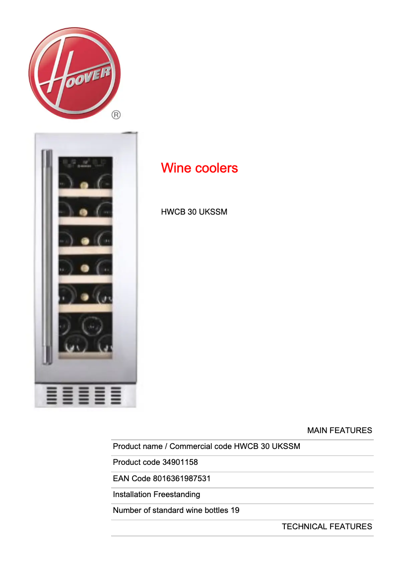 Page 1 de la notice Fiche technique Hoover HWCB 30 UKSSM